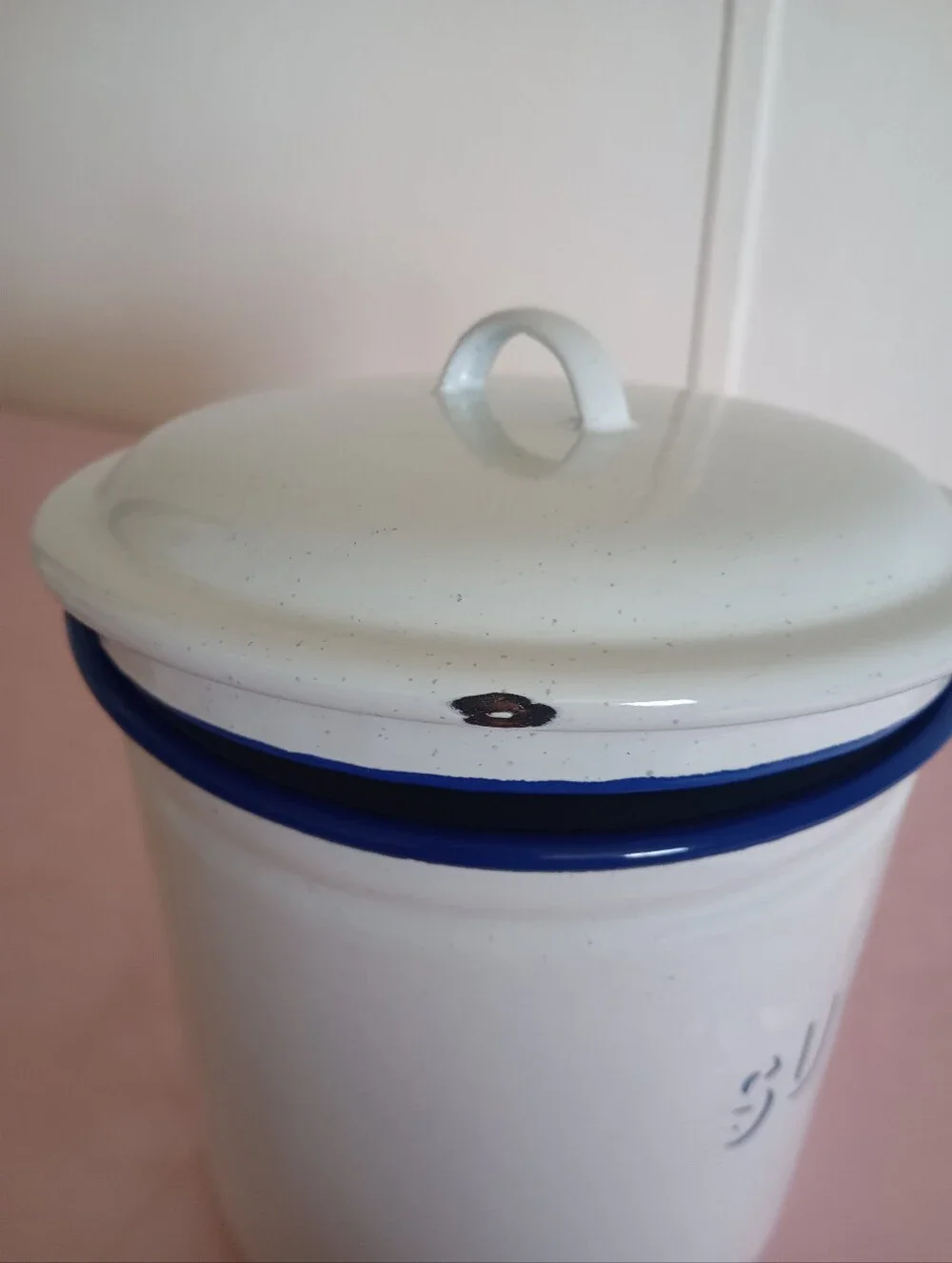 Vintage Pottery Barn Blue Speckled Enamelware Sugar Canister
